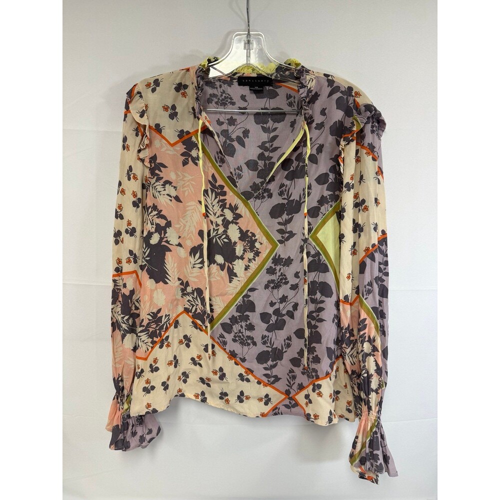 Sanctuary Floral Patchwork Long Sleeve Blouse Ruffle Sleeves Size XS